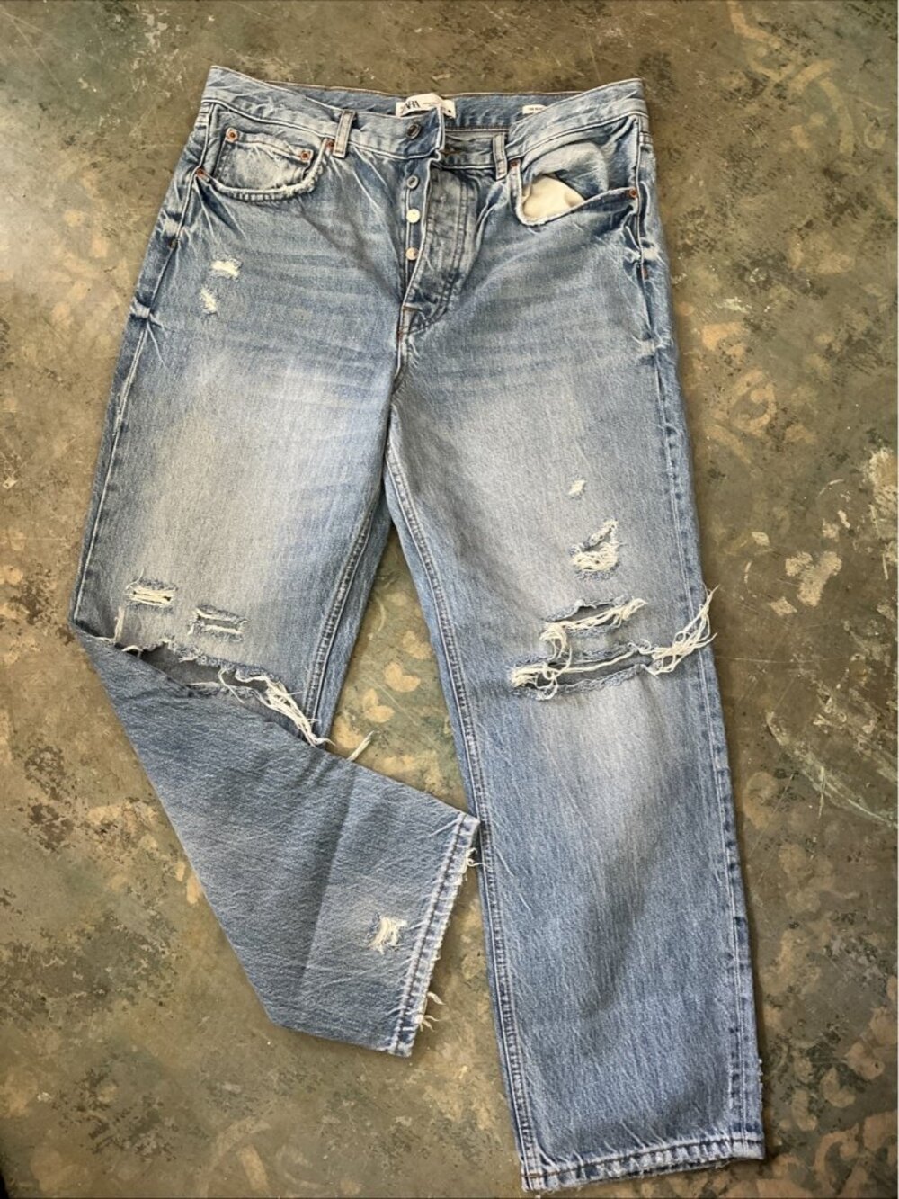 Zara Denim Mom Jeans Blue Bliss Straight High Rise Pockets Distressed Sz 12